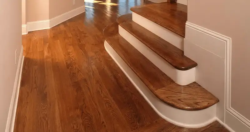 Base floor of a staircase with professionally restored wood flooring in Colorado Springs CO