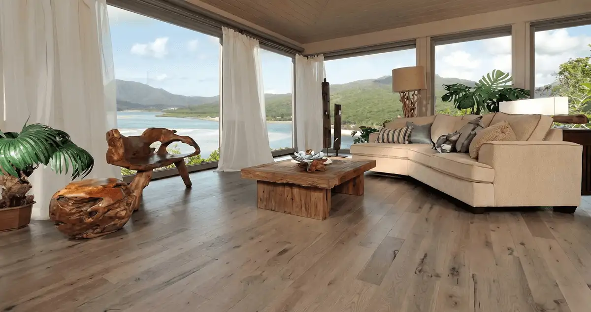 Professionally installed vinyl flooring in a modern living room with large windows in Colorado Springs, CO